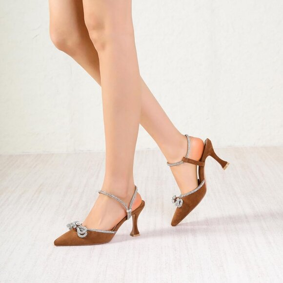 Women's Rhinstone Brown Strap Bow Closed Toe Adjustable Pumps Heeled Shoes - Picture 2 of 9
